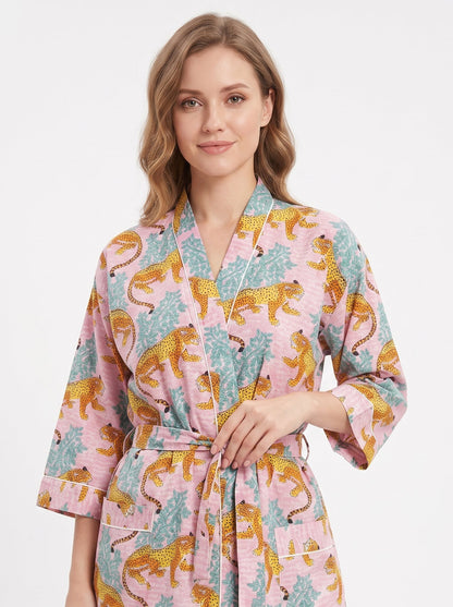 Pink & Blue Cheetah Riot Women's Cotton Kimono | 3/4 Sleeves