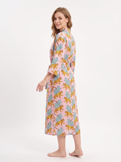 Pink & Blue Cheetah Riot Women's Cotton Kimono | 3/4 Sleeves