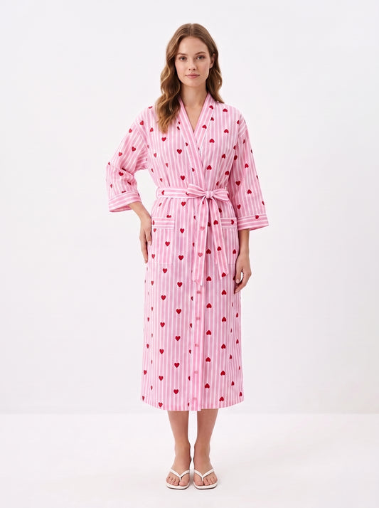 Pink Heart Riot Women's Cotton Kimono | 3/4 Sleeves