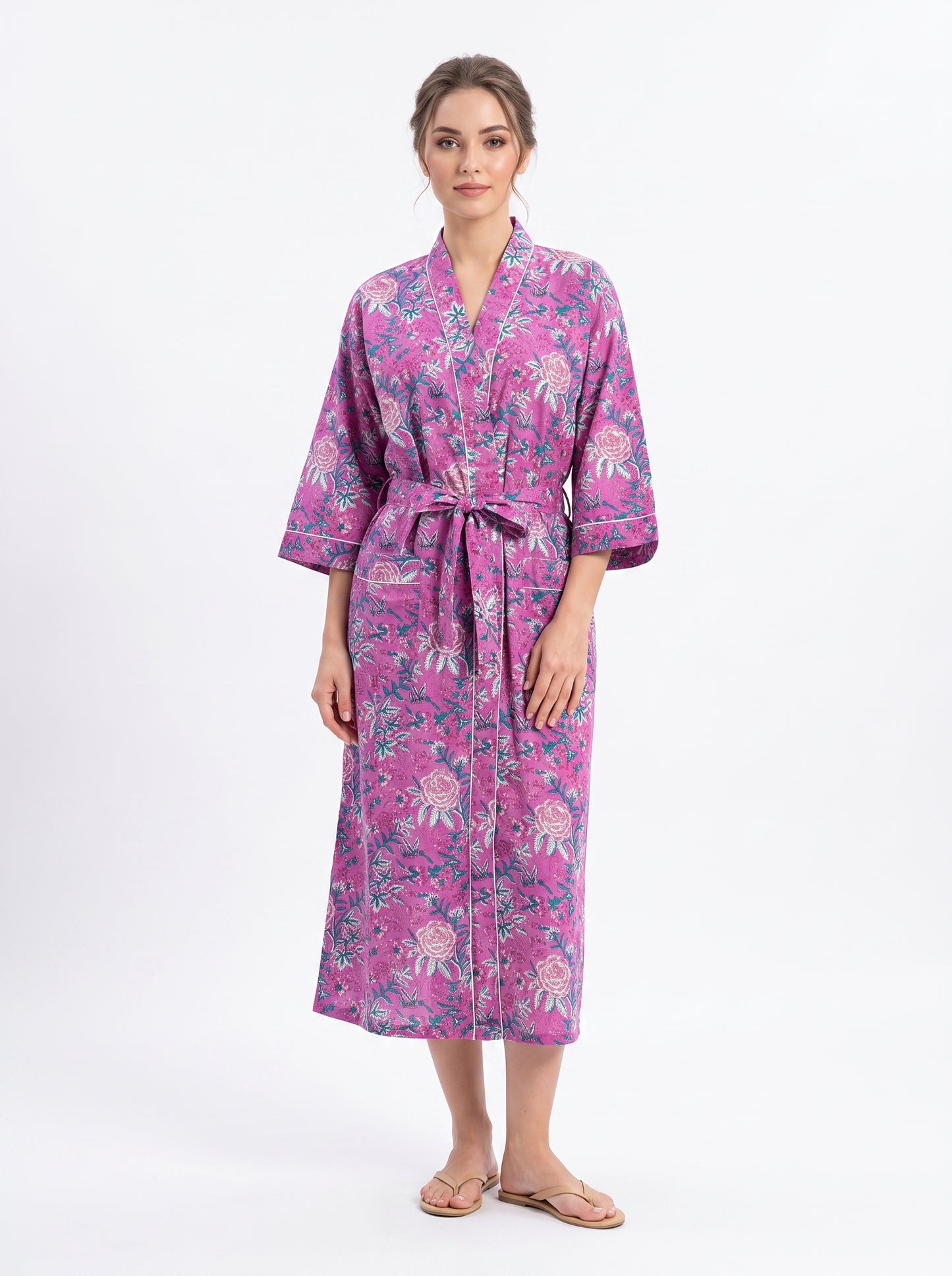 Pink Bloom Riot Women's Cotton Kimono | 3/4 Sleeves
