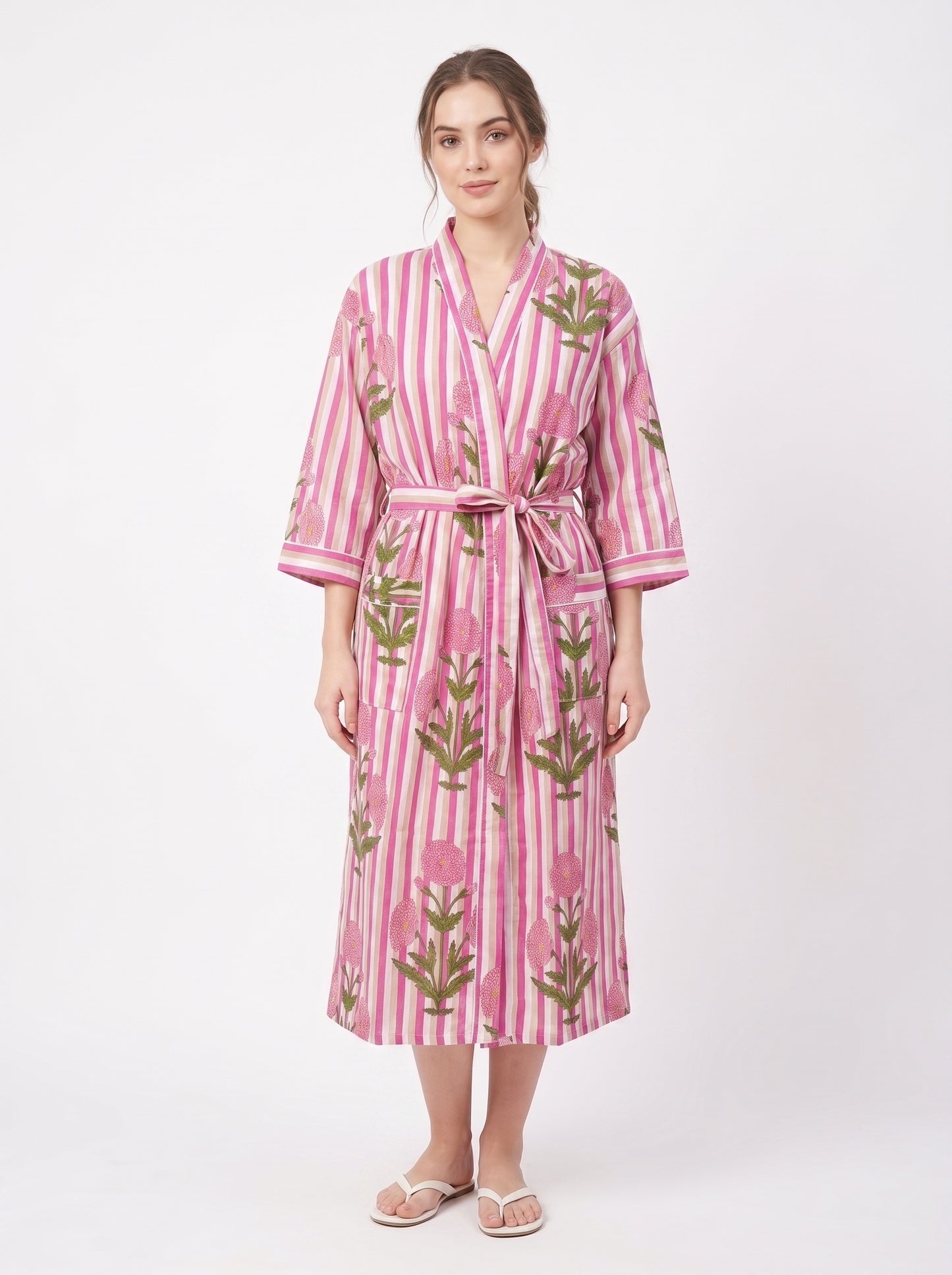 Pink Pop Stripes Women's Cotton Kimono | 3/4 Sleeves