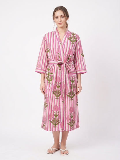 Pink Pop Stripes Women's Cotton Kimono | 3/4 Sleeves
