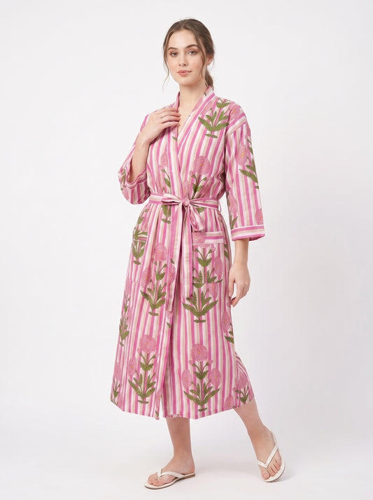 Pink Pop Stripes Women's Cotton Kimono | 3/4 Sleeves