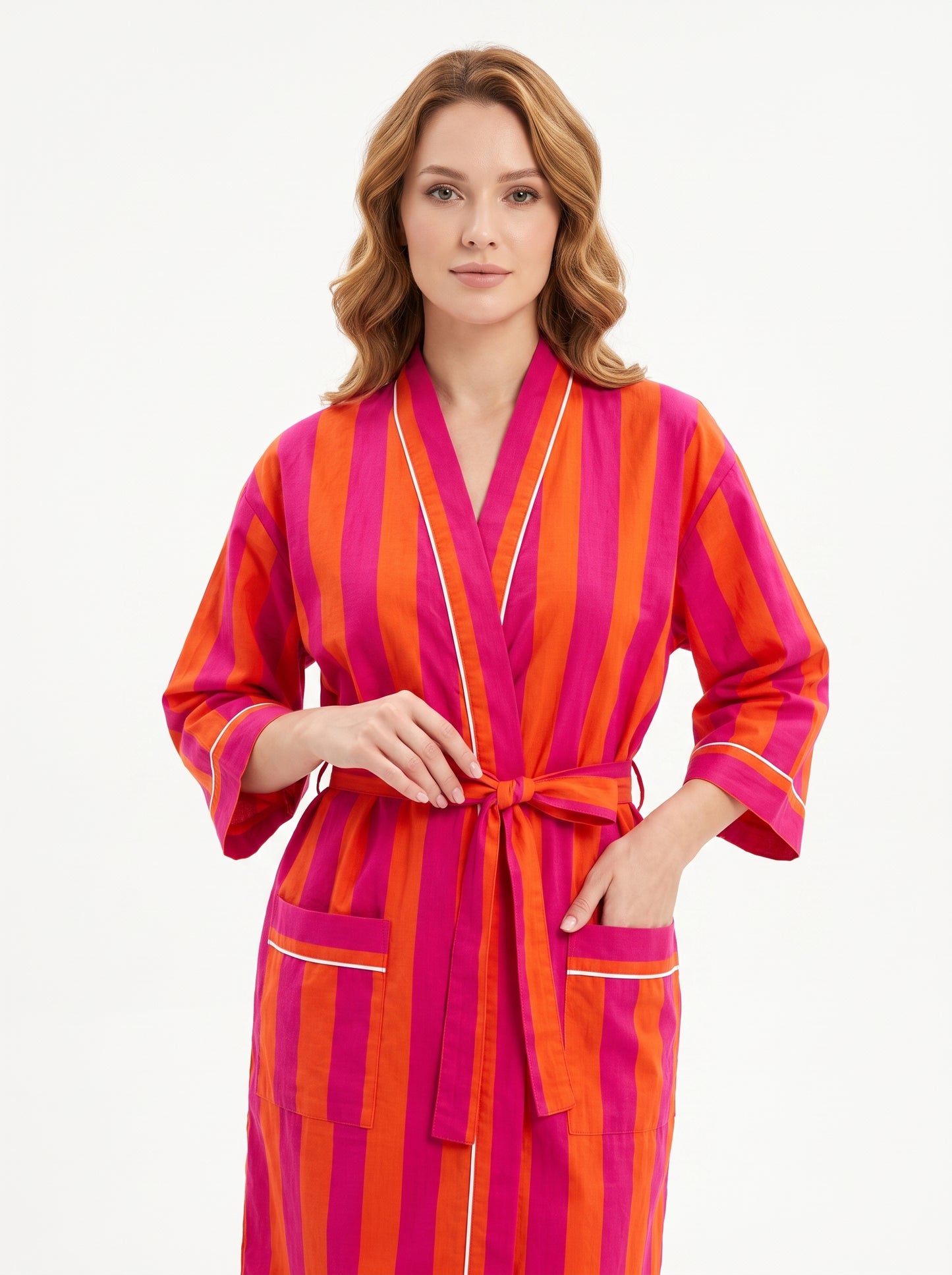 Orange Stripes Women’s Cotton Kimono | 3/4 Sleeves