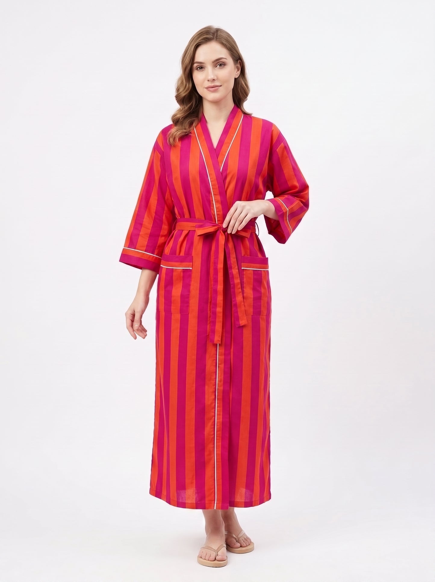 Orange Stripes Women’s Cotton Kimono | 3/4 Sleeves