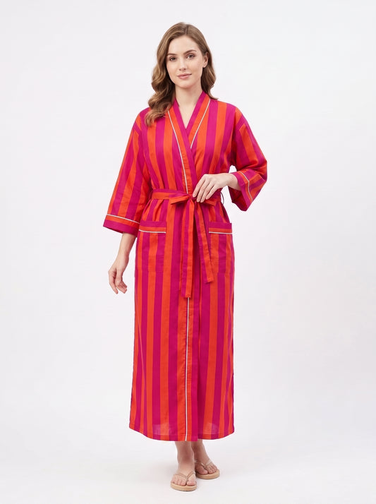 Orange Stripes Women’s Cotton Kimono | 3/4 Sleeves