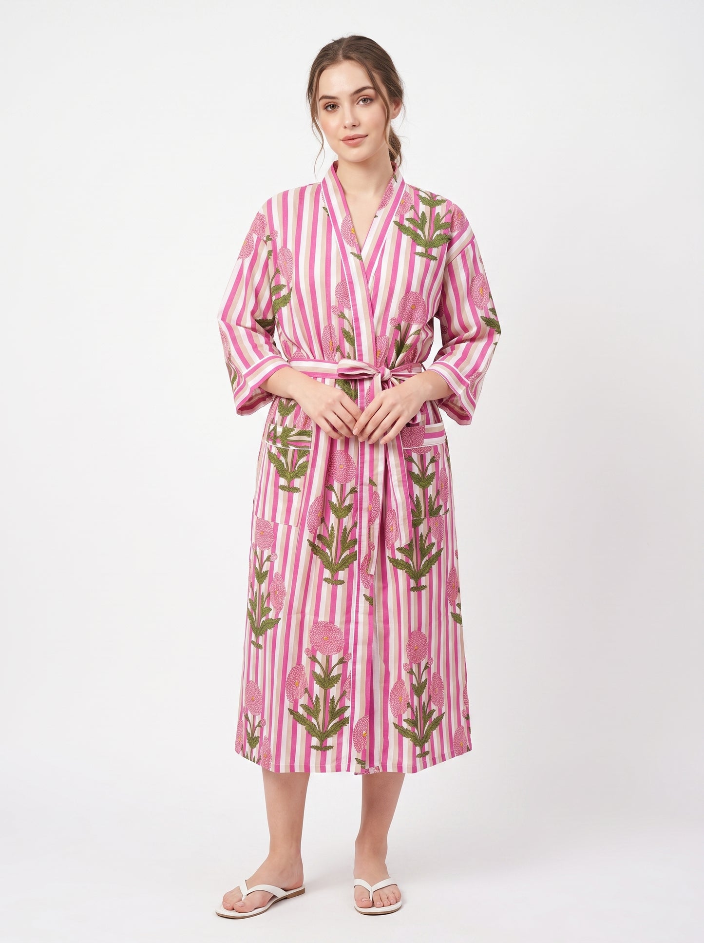 Pink Pop Stripes Women's Cotton Kimono | 3/4 Sleeves