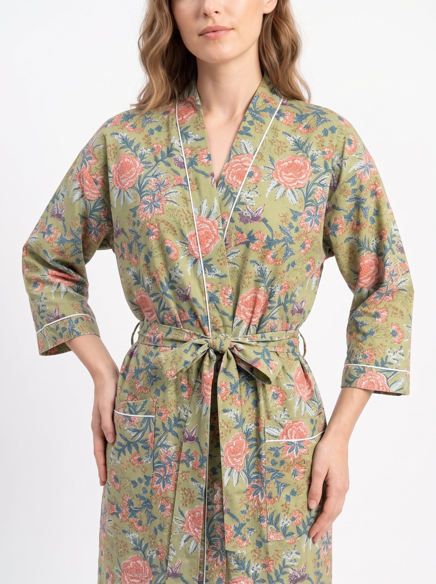 Green Pink Blossom Women's Cotton Kimono | 3/4 Sleeves