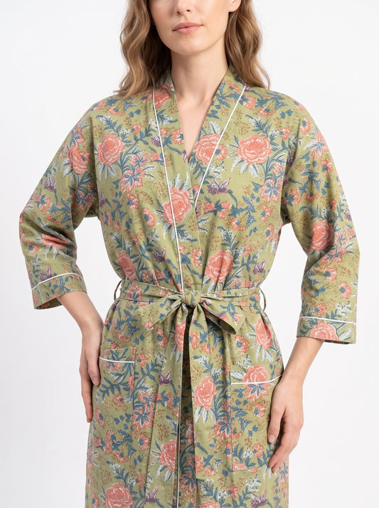 Green Pink Blossom Women's Cotton Kimono | 3/4 Sleeves