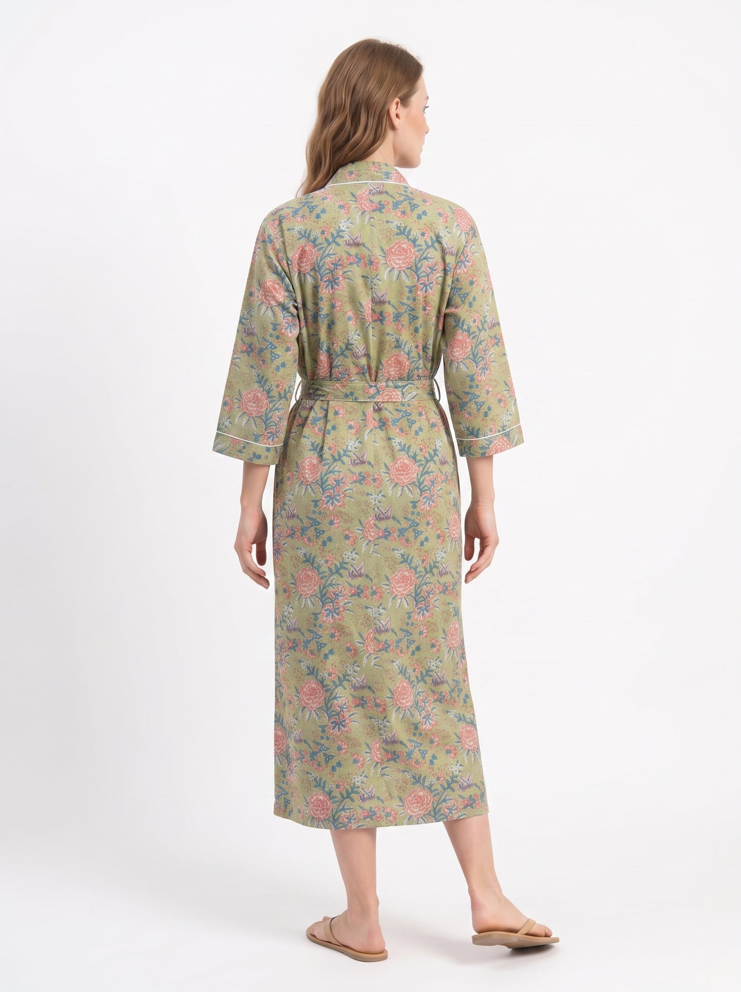 Green Pink Blossom Women's Cotton Kimono | 3/4 Sleeves