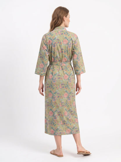 Green Pink Blossom Women's Cotton Kimono | 3/4 Sleeves