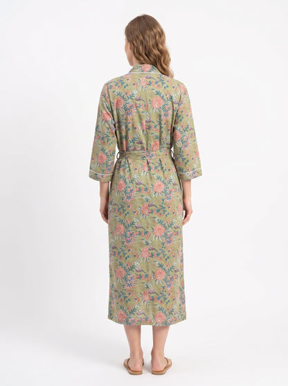Green Pink Blossom Women's Cotton Kimono | 3/4 Sleeves
