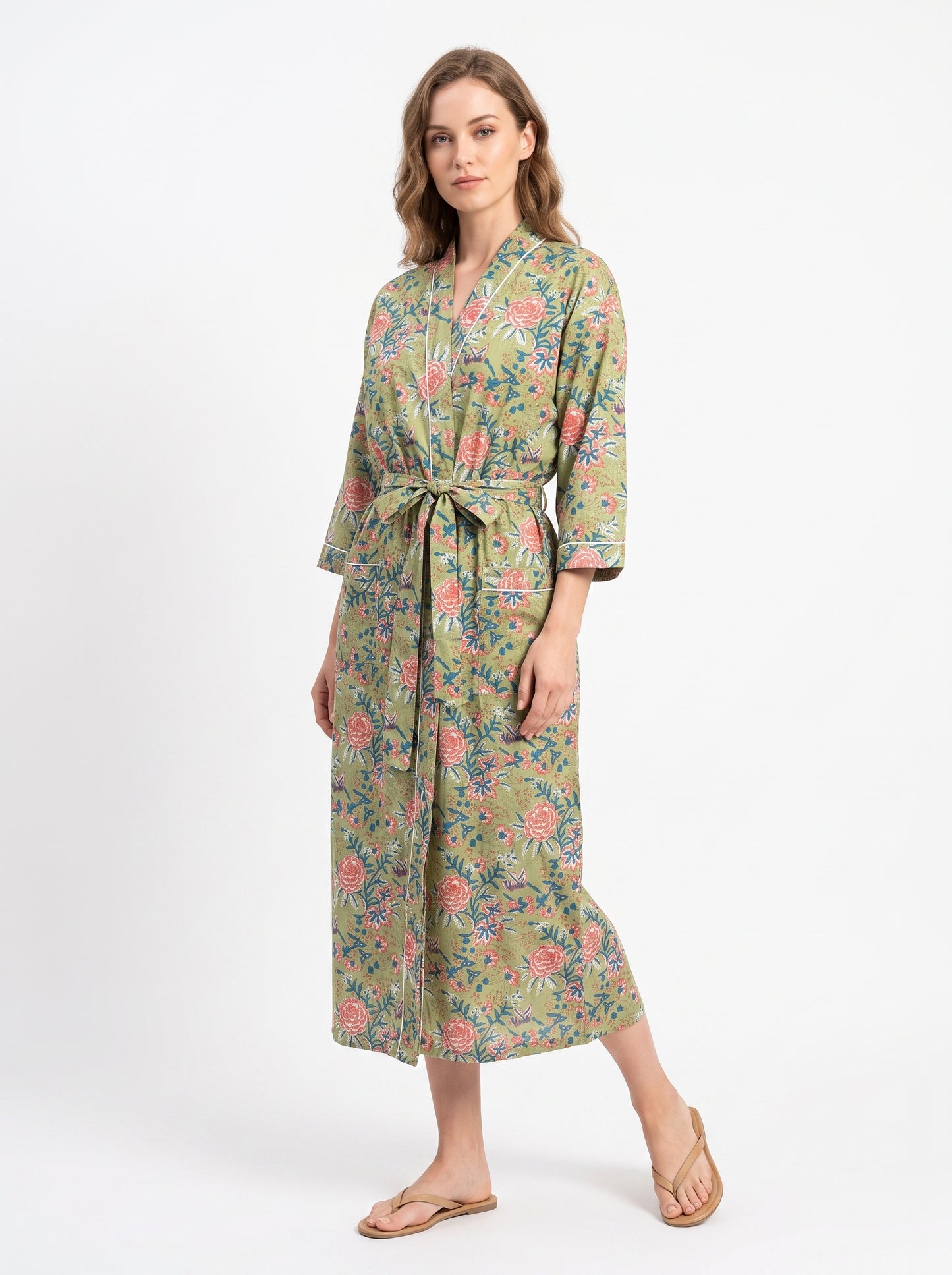 Green Pink Blossom Women's Cotton Kimono | 3/4 Sleeves