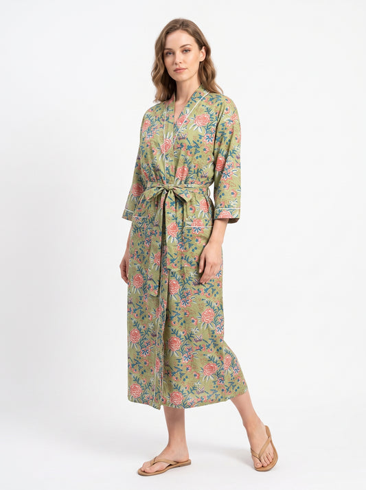 Green Pink Blossom Women's Cotton Kimono | 3/4 Sleeves