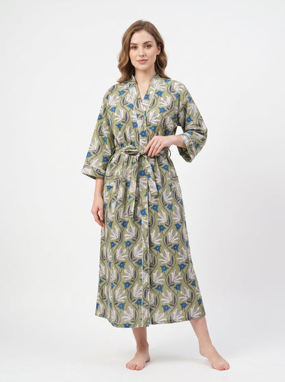Green Bloom Escape Women's Cotton Kimono | 3/4 Sleeves