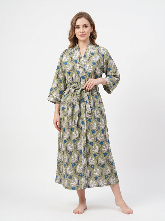 Green Bloom Escape Women's Cotton Kimono | 3/4 Sleeves