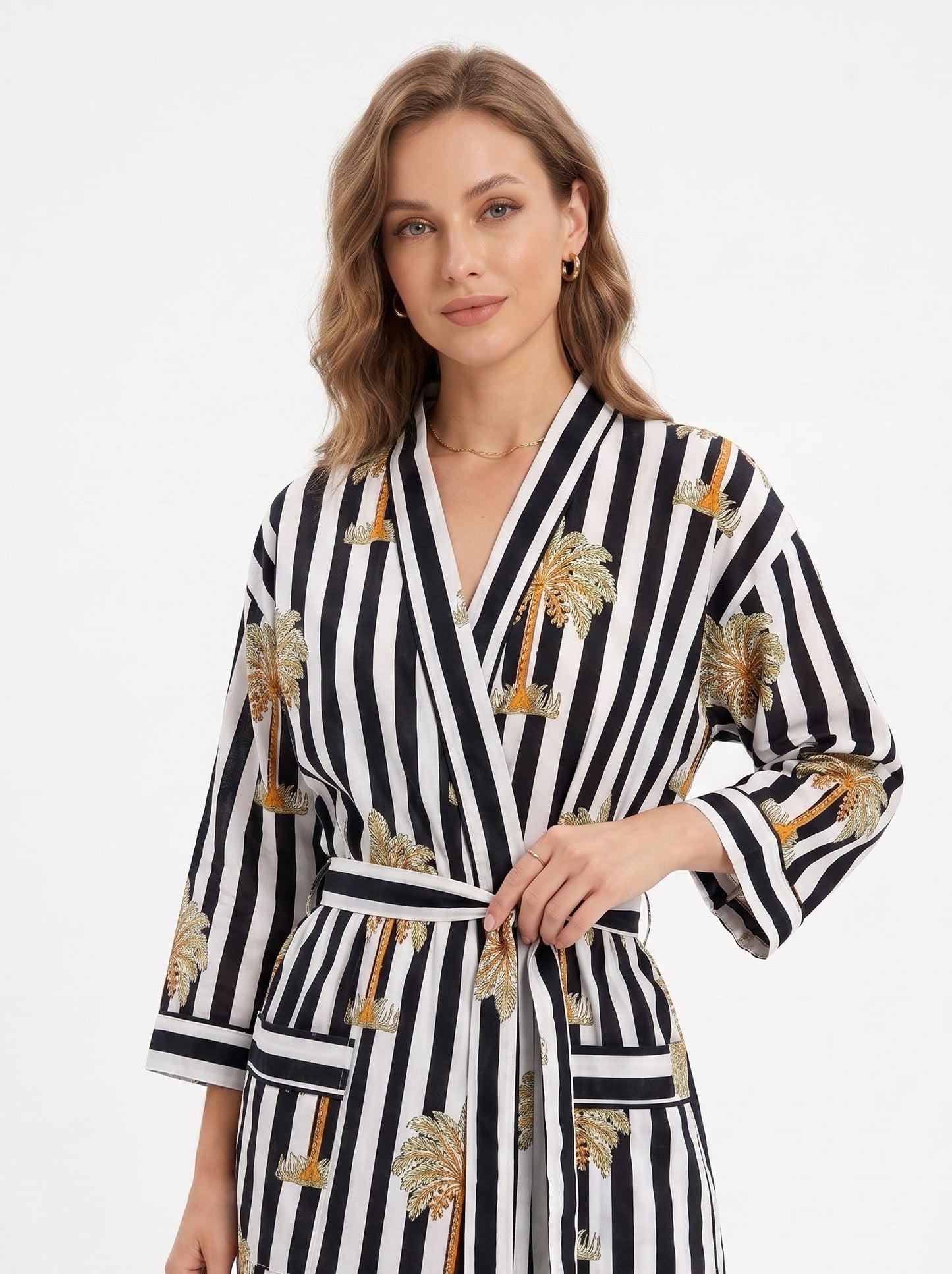 Midnight Black Palms Women's Black & White Cotton Kimono | 3/4 Sleeves