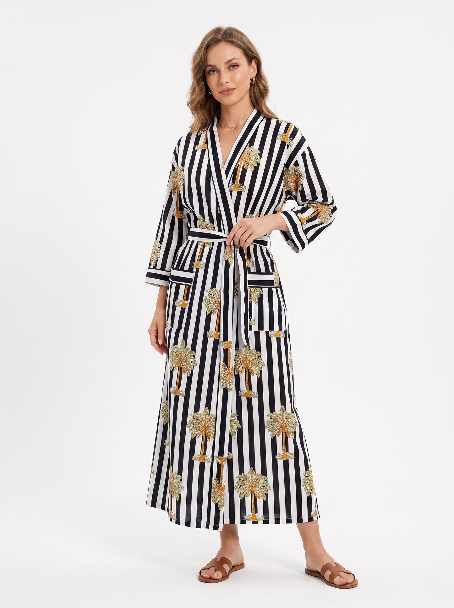 Midnight Black Palms Women's Black & White Cotton Kimono | 3/4 Sleeves