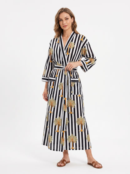 Midnight Black Palms Women's Black & White Cotton Kimono | 3/4 Sleeves