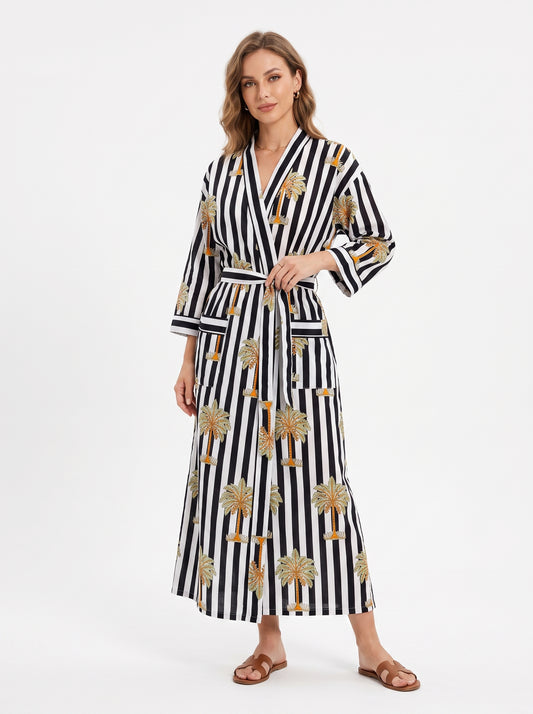 Midnight Black Palms Women's Black & White Cotton Kimono | 3/4 Sleeves