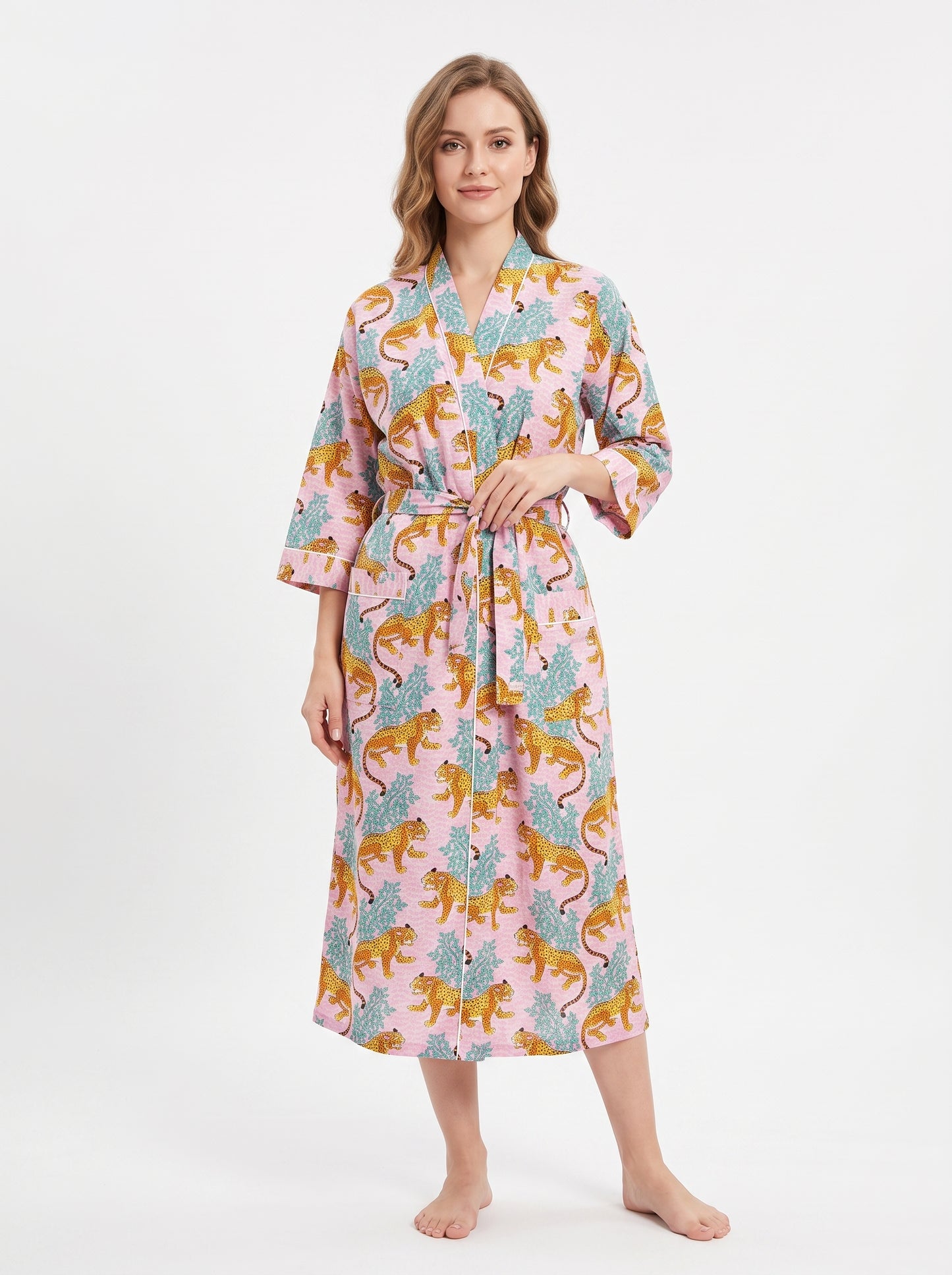 Pink & Blue Cheetah Riot Women's Cotton Kimono | 3/4 Sleeves