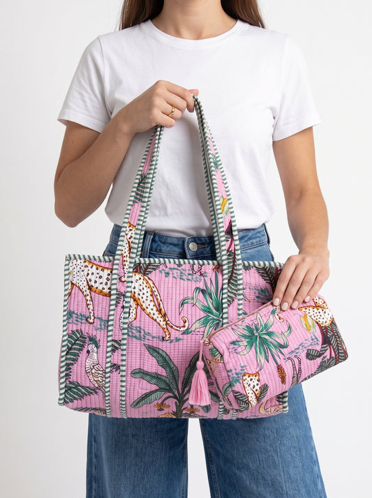 Pink Safari Quilted Medium Tote & Pouch Set