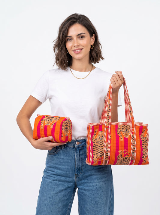 Tango Orange Stripes Tibetan Tiger  – Quilted Tote & Pouch Set