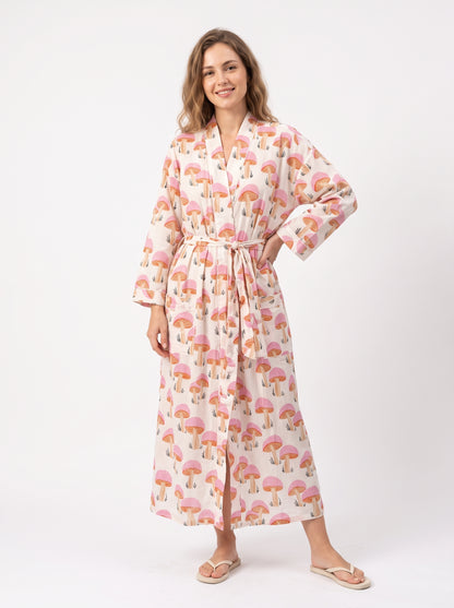 Pink Mushroom Party – Women’s Cotton Kimono