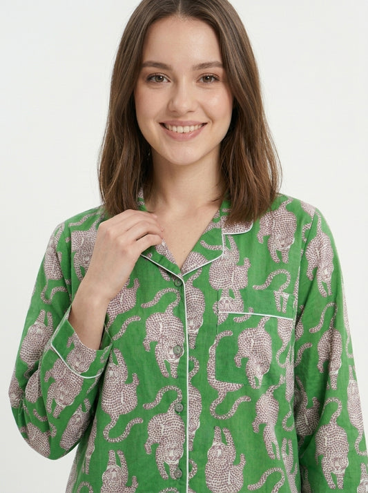 Women's Midnight Green Tiger Print Cotton Night Suit Set -  Elegant Two Piece Pajama Set