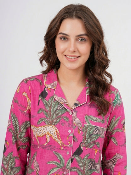 Women's Pink Safari Print Cotton Night Suit Set – Elegant Two Piece Pajama Set
