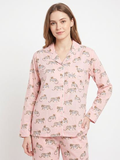 Women’s Mini Pink Tiger Riot – Elegant Two Piece Cotton Pajama Set