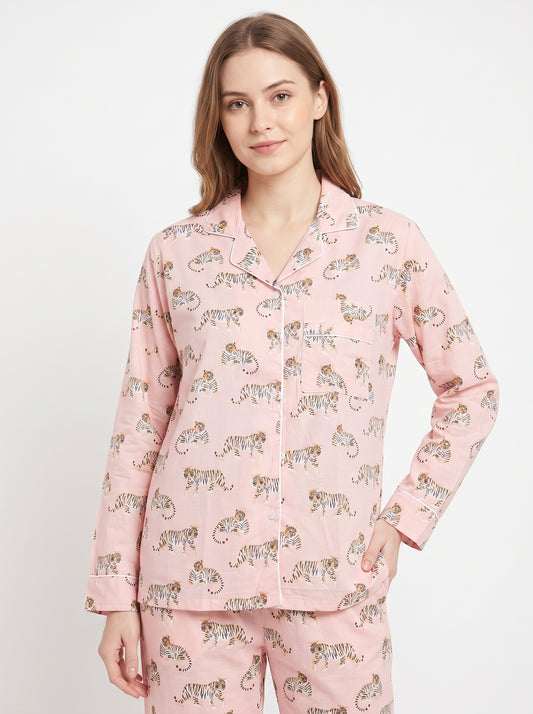 Women’s Mini Pink Tiger Riot – Elegant Two Piece Cotton Pajama Set