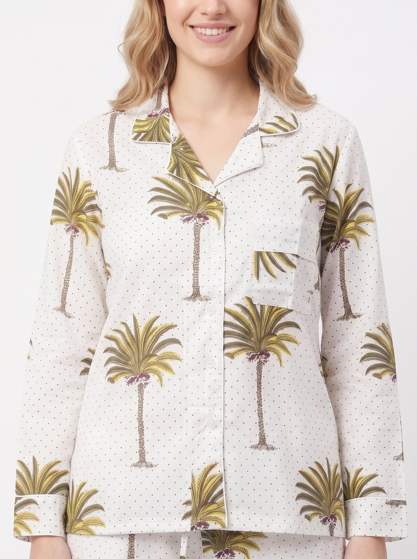 Women’s White Palm Cotton Night Suit Set – Elegant Two Piece Pajama Set