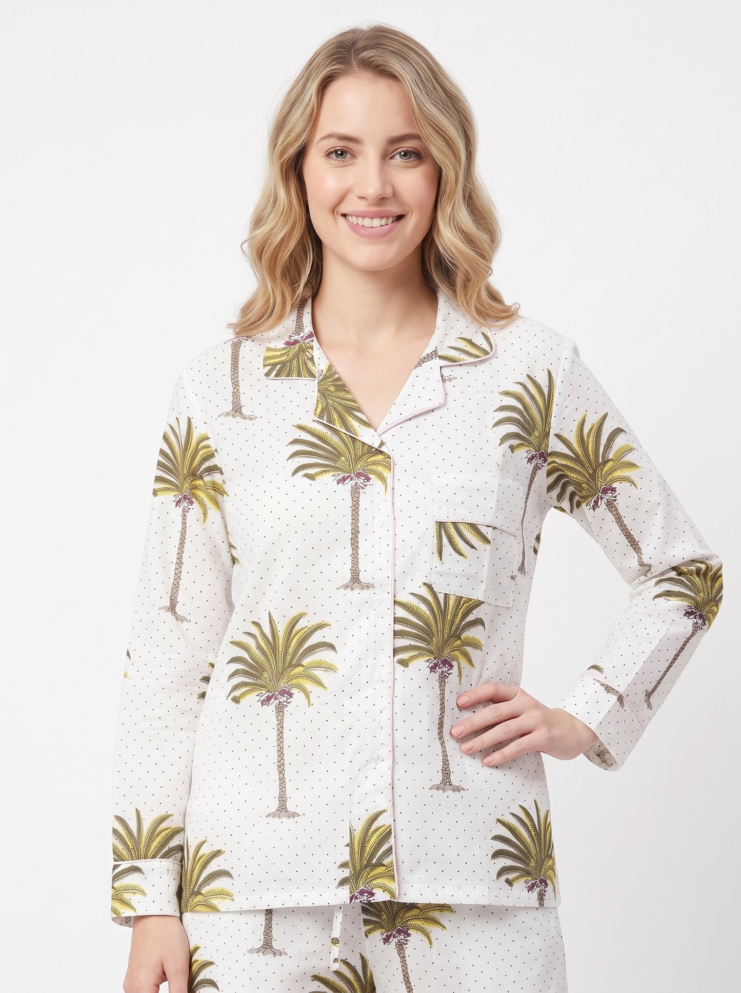 Women’s White Palm Cotton Night Suit Set – Elegant Two Piece Pajama Set