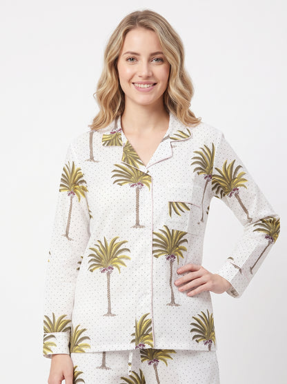 Women’s White Palm Cotton Night Suit Set – Elegant Two Piece Pajama Set