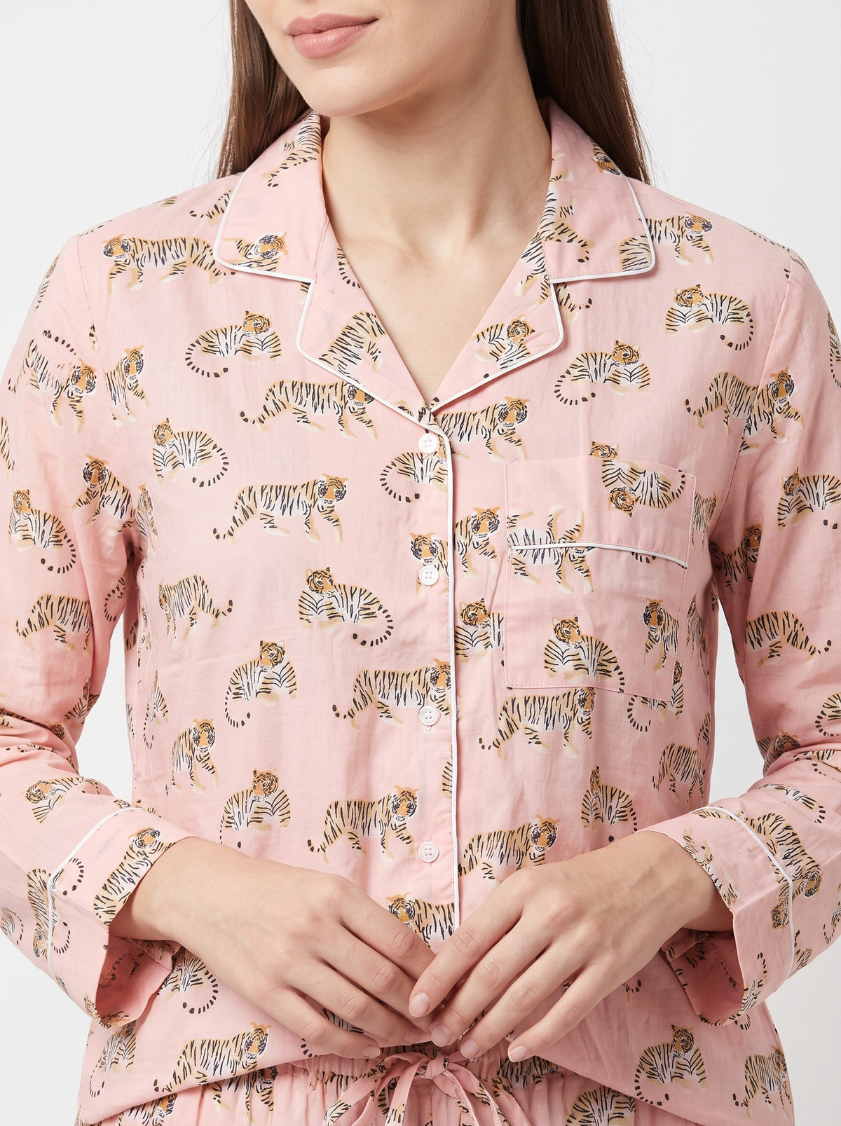 Women’s Mini Pink Tiger Riot – Elegant Two Piece Cotton Pajama Set
