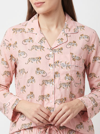 Women’s Mini Pink Tiger Riot – Elegant Two Piece Cotton Pajama Set