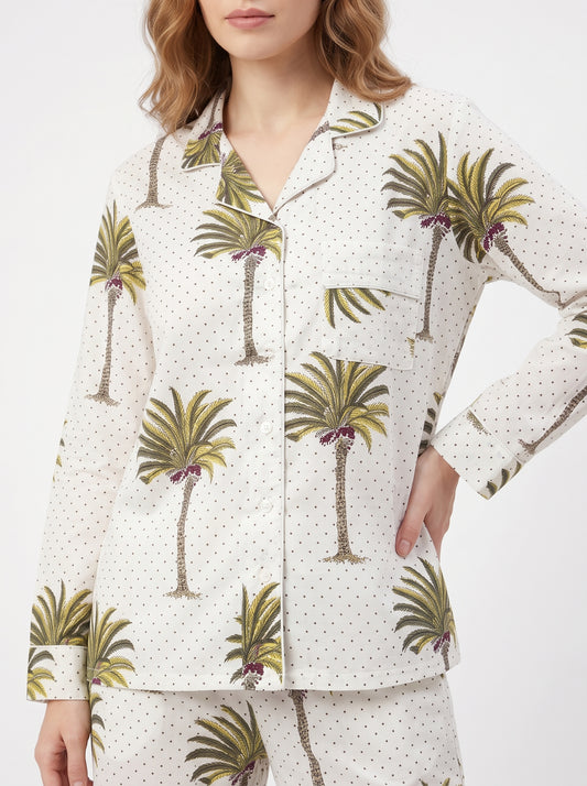 Women’s White Palm Tree – Elegant Two Piece Cotton Pajama Set