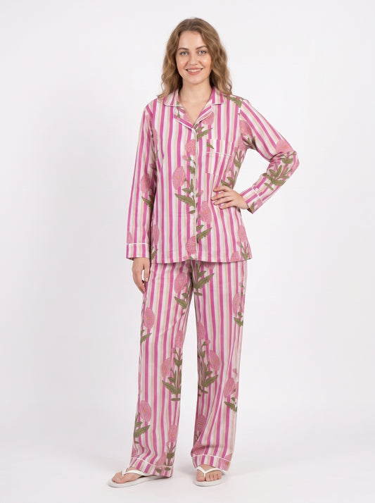 Women’s Pink Pop Stripes – Elegant Two Piece Cotton Pajama Set