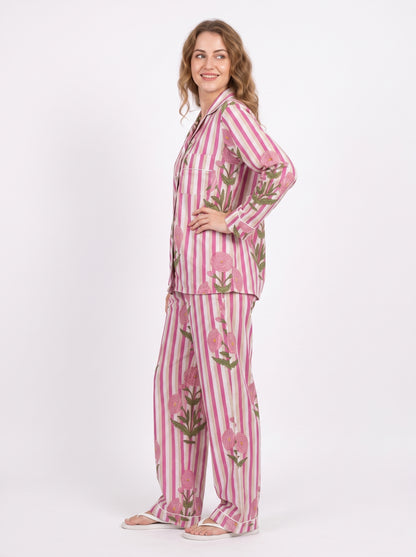 Women’s Pink Pop Stripes – Elegant Two Piece Cotton Pajama Set
