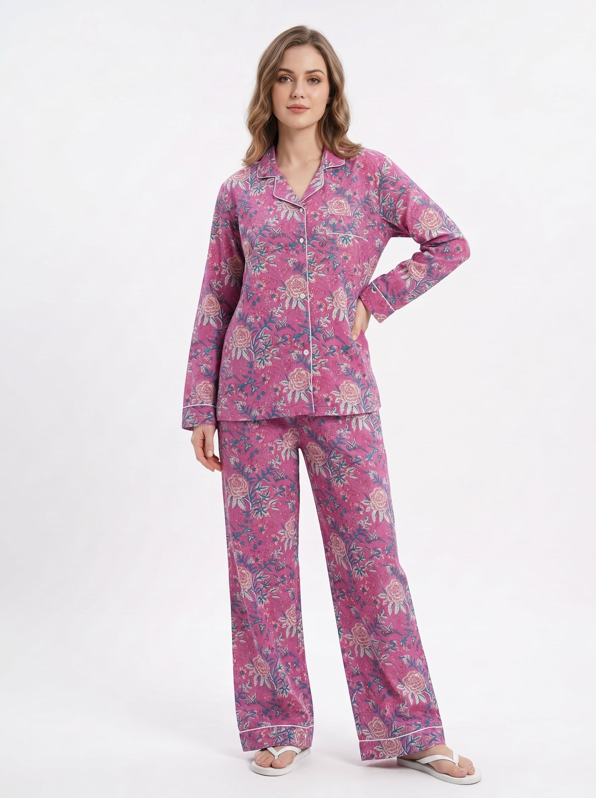 Women’s Pink Bloom Riot – Elegant Two Piece Cotton Pajama Set