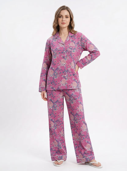 Women’s Pink Bloom Riot – Elegant Two Piece Cotton Pajama Set