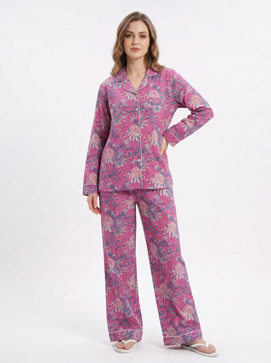Women’s Pink Bloom Riot – Elegant Two Piece Cotton Pajama Set