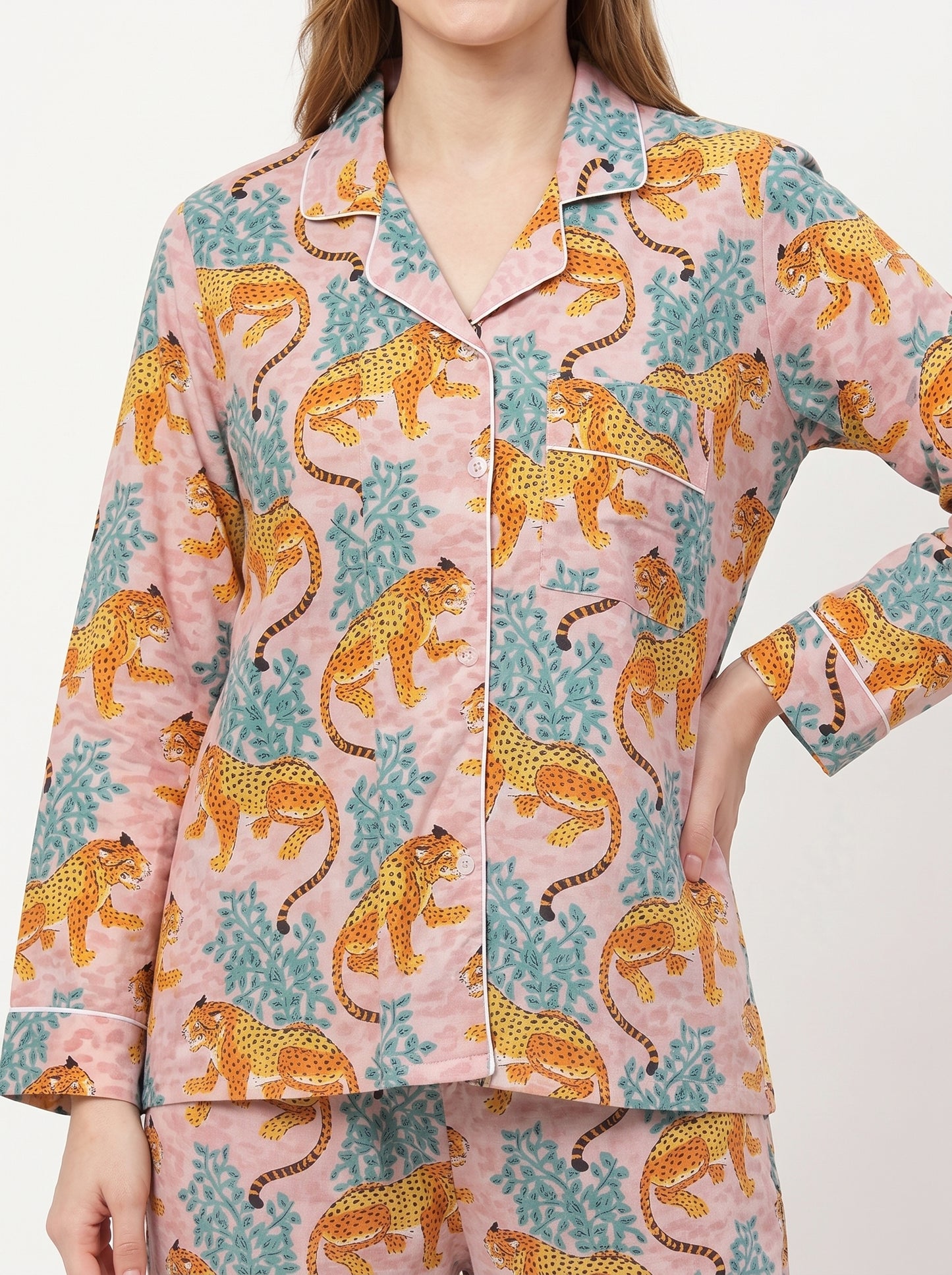 Women’s Pink & Blue Leopard – Elegant Two Piece Cotton Pajama Set