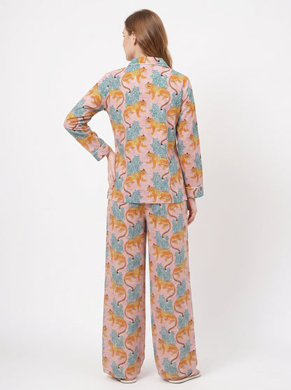 Women’s Pink & Blue Leopard – Elegant Two Piece Cotton Pajama Set