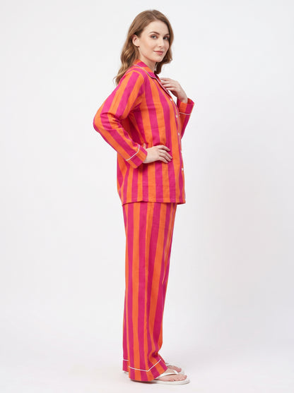 Women’s Orange Stripes – Elegant Two Piece Cotton Pajama Set