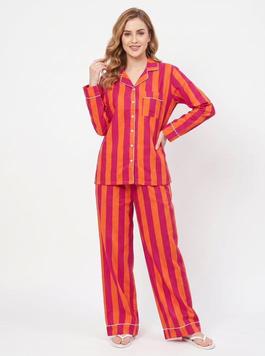 Women’s Orange Stripes – Elegant Two Piece Cotton Pajama Set