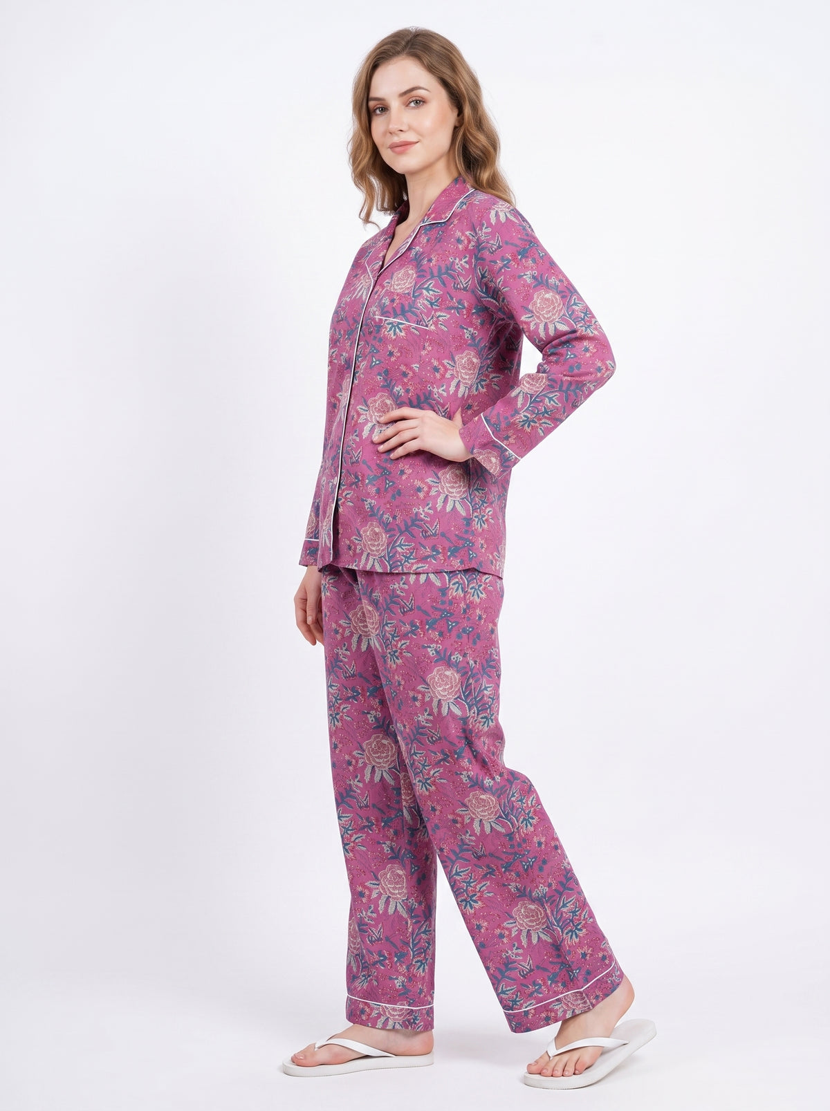 Women’s Pink Bloom Riot – Elegant Two Piece Cotton Pajama Set