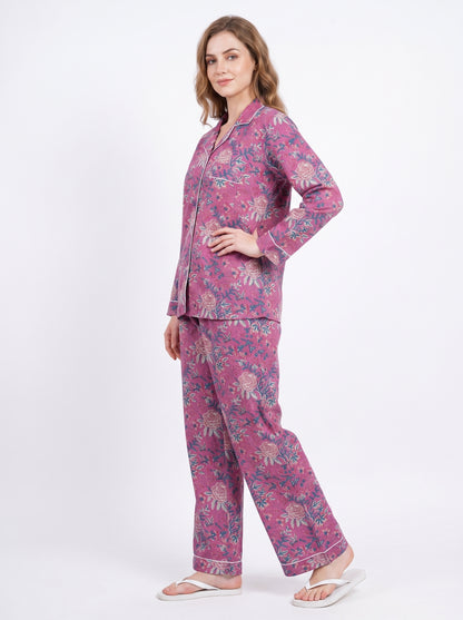 Women’s Pink Bloom Riot – Elegant Two Piece Cotton Pajama Set