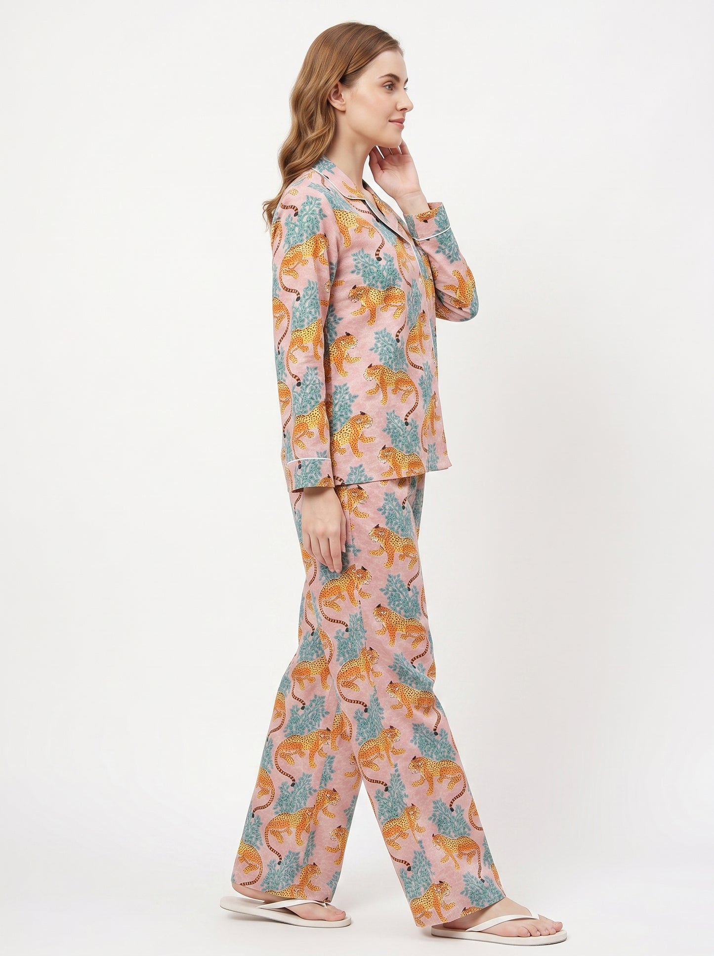 Women’s Pink & Blue Leopard – Elegant Two Piece Cotton Pajama Set
